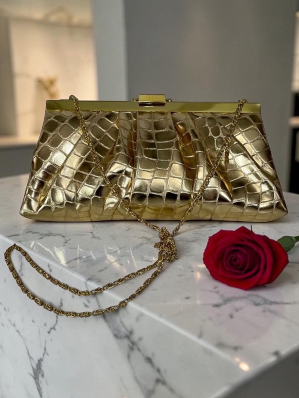 Jessica McClintock Gold Crocodile Embossed Faux Leather Evening Bag